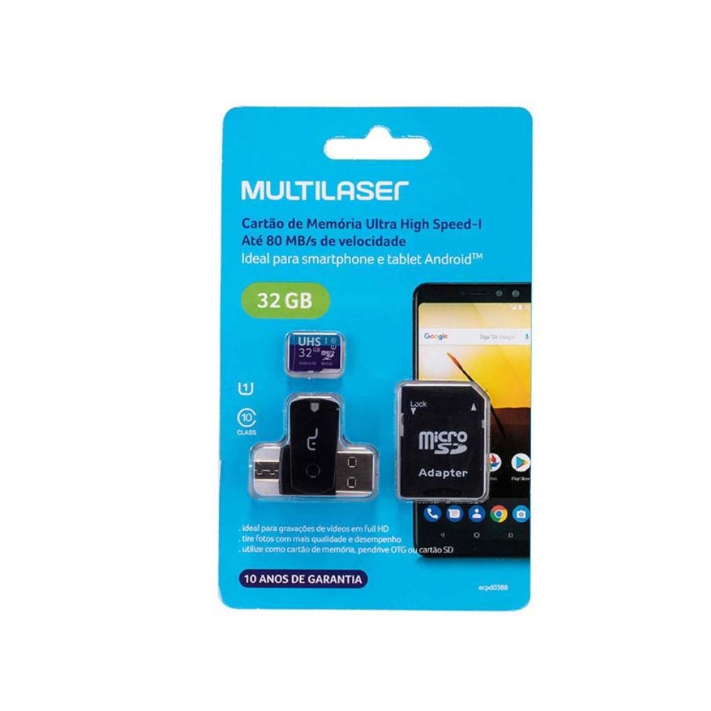 Carto de Memria 4 em 1 MICRO SD 32GB Multilaser - Micro SD e Pendrive - Multilaser - unidade    Cod. MC151